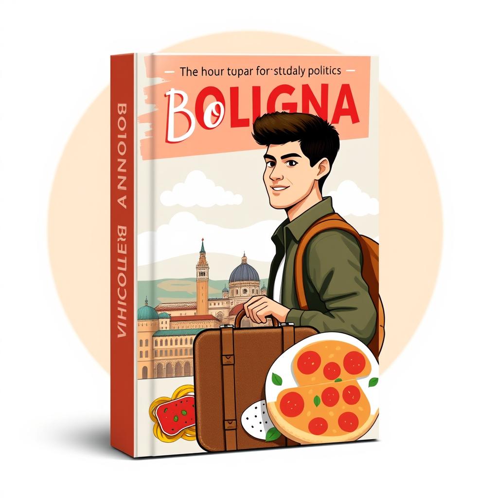 Create a book cover featuring a young man departing for Bologna to study politics