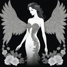 An elegant silhouette of a woman with angel wings intertwined with floral elements and accented with crystals, all outlined in clean black lines.