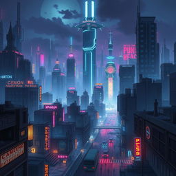 A detailed digital illustration of a cyberpunk cityscape at night, featuring neon lights, futuristic skyscrapers, and bustling streets