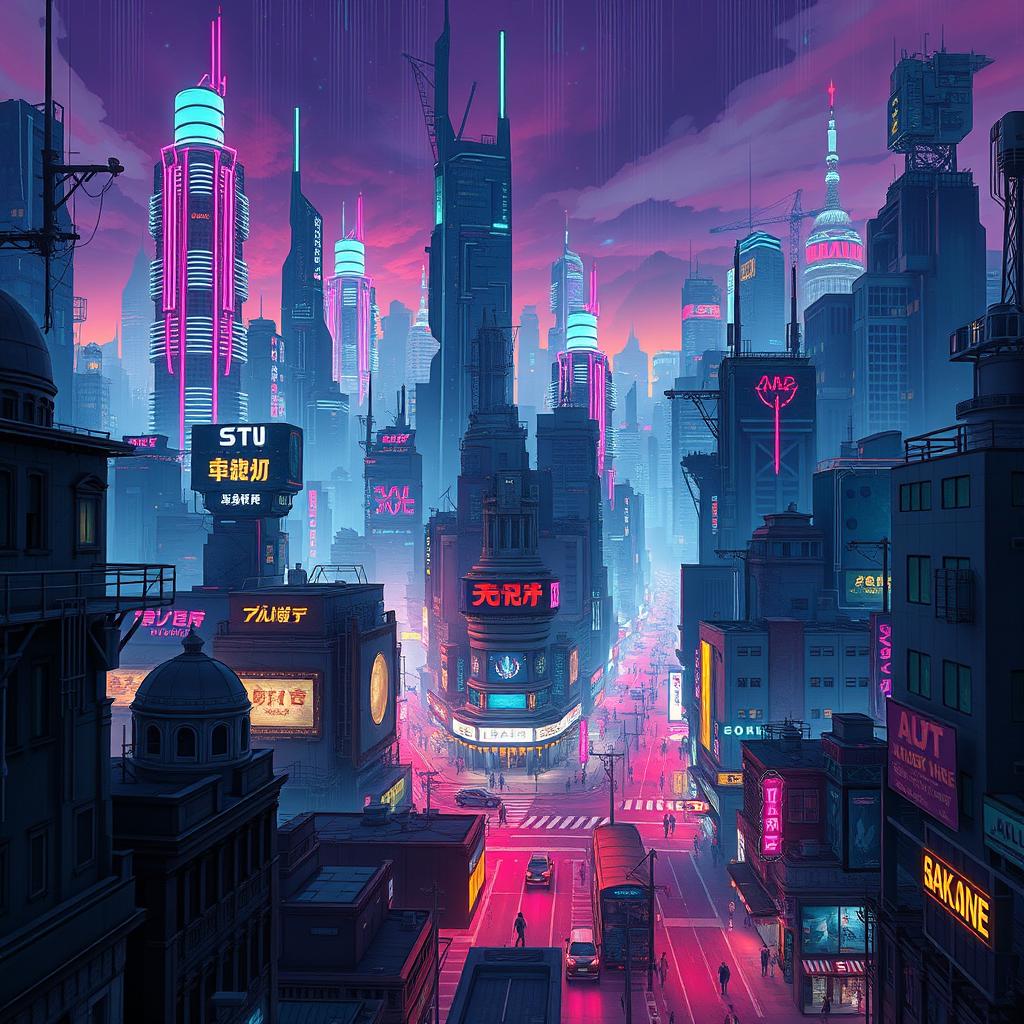 A detailed digital illustration of a cyberpunk cityscape at night, featuring neon lights, futuristic skyscrapers, and bustling streets