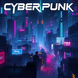 A detailed digital illustration of a cyberpunk cityscape at night, featuring neon lights, futuristic skyscrapers, and bustling streets