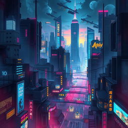 A detailed digital illustration of a cyberpunk cityscape at night, featuring neon lights, futuristic skyscrapers, and bustling streets