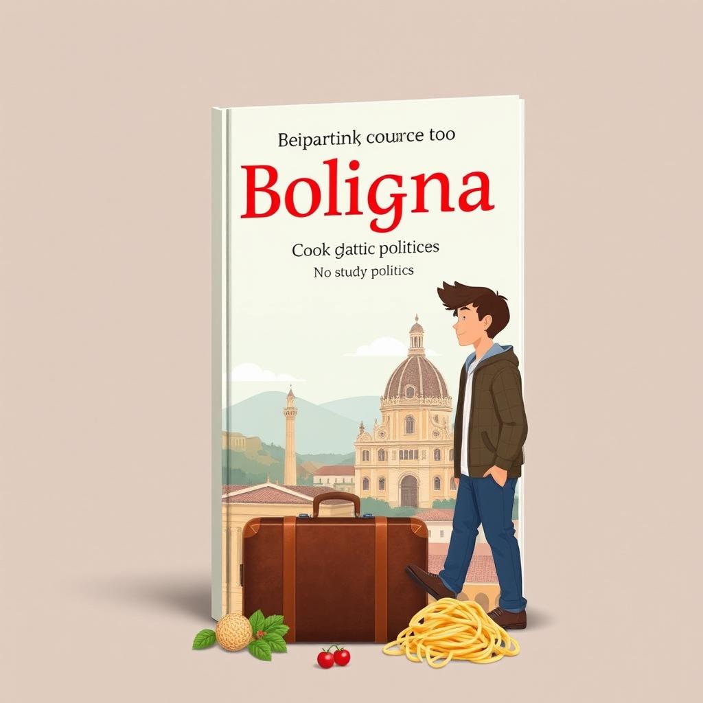 Create a book cover featuring a young man departing for Bologna to study politics