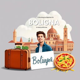 Create a book cover featuring a young man departing for Bologna to study politics