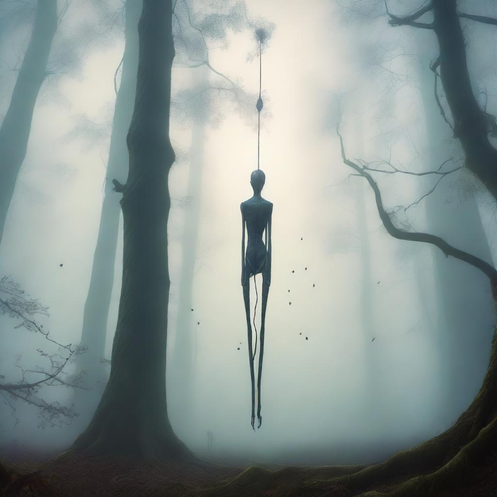 A tall, thin giant is hanging by his balls in mid-air in a mystical forest