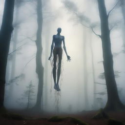 A tall, thin giant is hanging by his balls in mid-air in a mystical forest