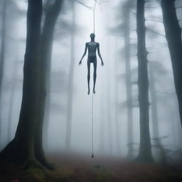 A tall, thin giant is hanging by his balls in mid-air in a mystical forest