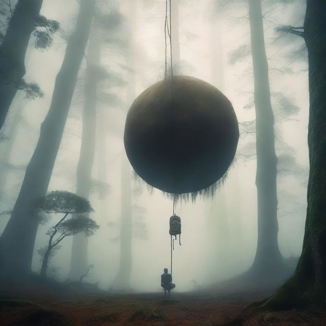 A tall, thin giant is reclined and hanging by his stretched, huge swollen balls in mid-air within a mystical forest