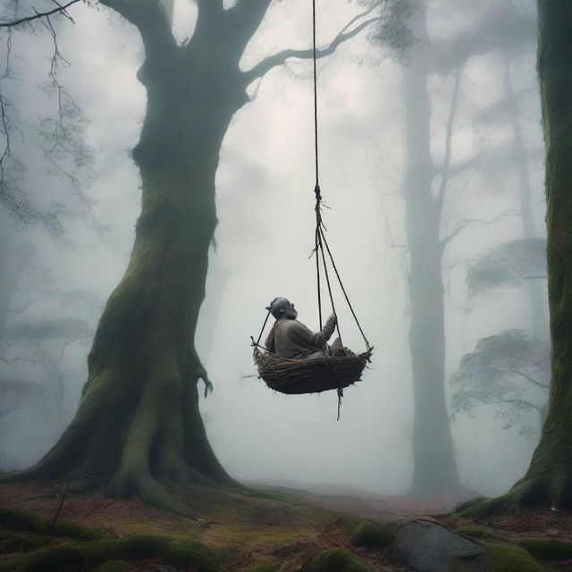 A tall, thin giant is reclined with an arched back, floating and hanging by a rope attached to his stretched, huge swollen balls in mid-air within a mystical forest