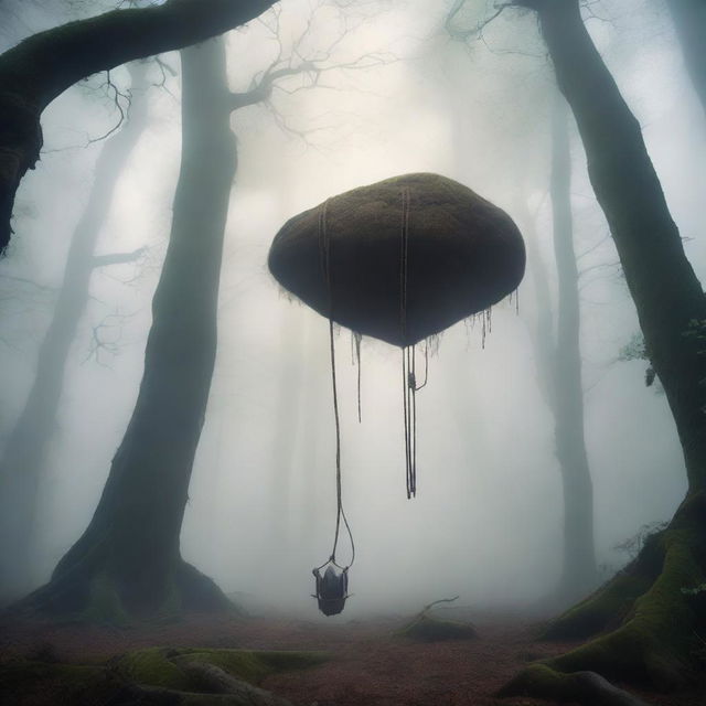 A tall, thin giant is reclined with an arched back, floating and hanging by a rope attached to his stretched, huge swollen balls in mid-air within a mystical forest