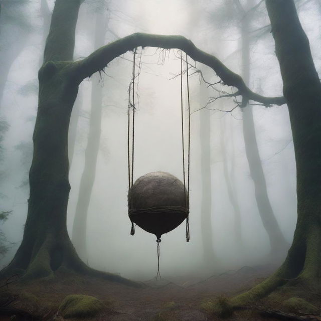 A tall, thin giant is reclined with an arched back, floating and hanging by a rope attached to his stretched, huge swollen balls in mid-air within a mystical forest