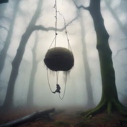 A tall, thin giant is reclined with an arched back, floating and hanging by a rope attached to his stretched, huge swollen balls in mid-air within a mystical forest