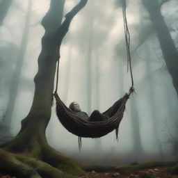 A tall, thin giant is reclined with an arched back, floating and hanging by a rope attached to his stretched, huge swollen balls in mid-air within a mystical forest