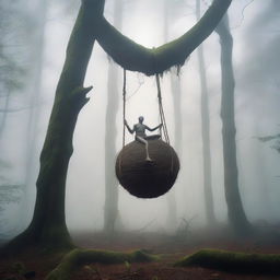 A tall, thin giant is reclined with an arched back, floating and hanging by a rope attached to his stretched, huge swollen balls in mid-air within a mystical forest