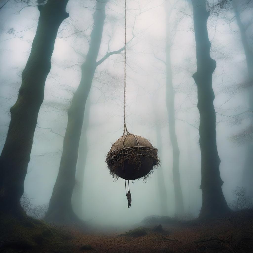 A tall, thin giant is reclined with an arched back, floating and hanging by a rope attached to his stretched, huge swollen balls in mid-air within a mystical forest