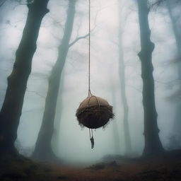 A tall, thin giant is reclined with an arched back, floating and hanging by a rope attached to his stretched, huge swollen balls in mid-air within a mystical forest