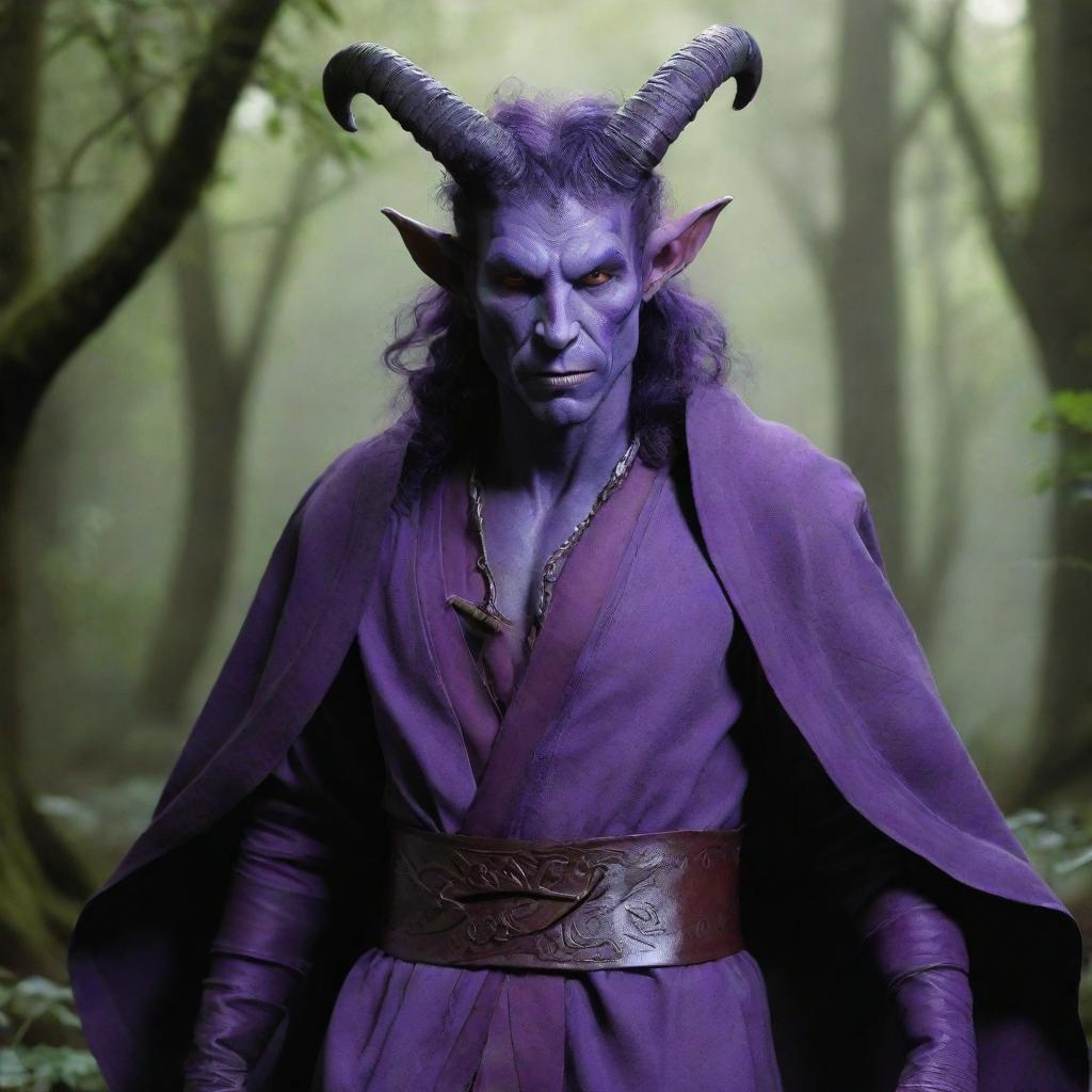 A striking tiefling druid, emanating mystical energies, whose skin is a vivid shade of purple. He stands stoically, garbed in nature-inspired druidic robes.