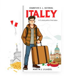 Design a book cover featuring a young man departing for Italy to study politics