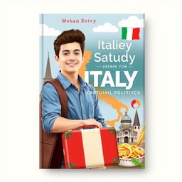 Design a book cover featuring a young man departing for Italy to study politics