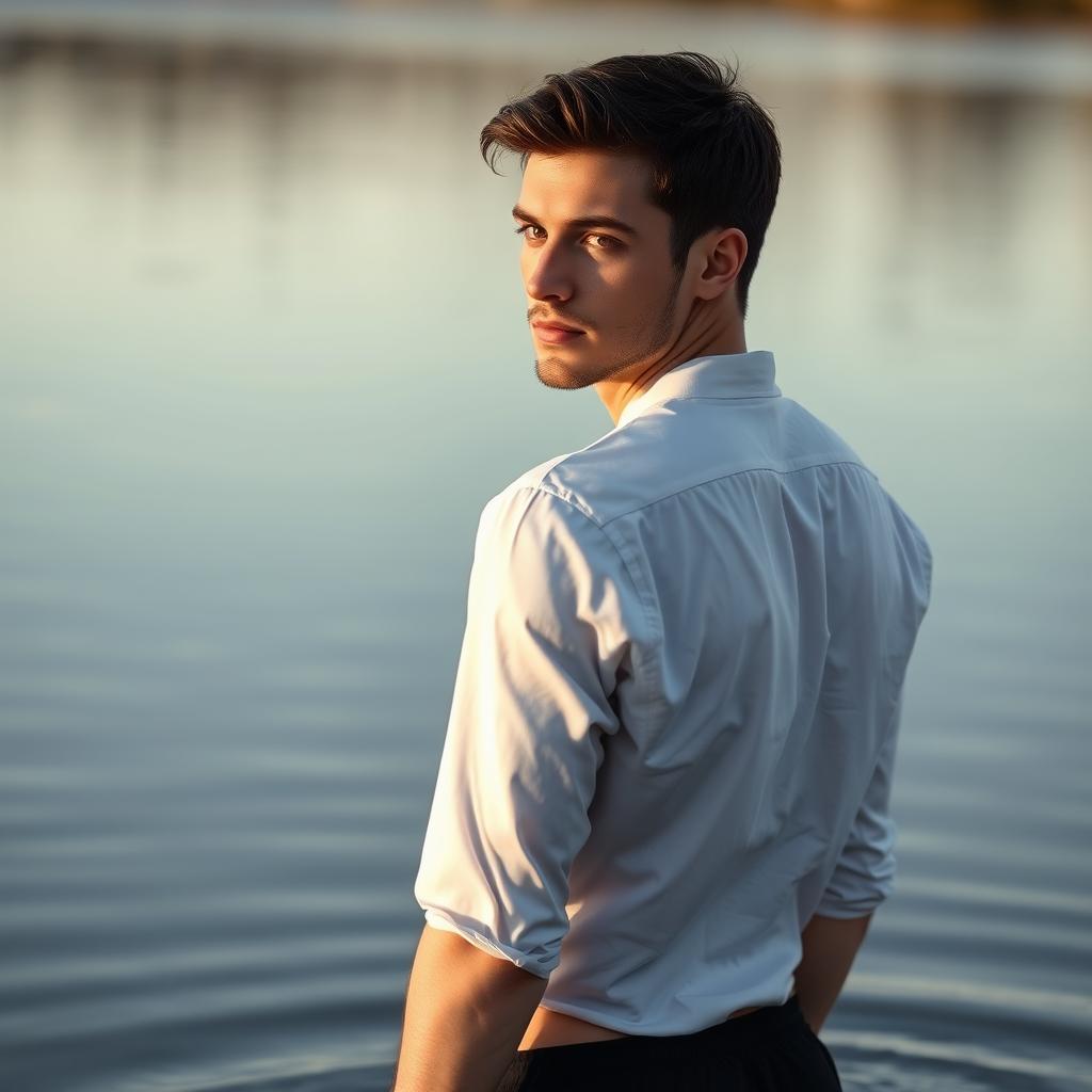 A 33-year-old white male model with short dark hair and light eyes, wearing a complete white shirt and black boxers, standing with his back to the camera and showing his buttocks in a lake in Alentejo at dawn