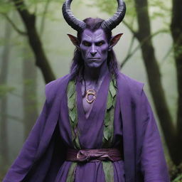 A striking tiefling druid, emanating mystical energies, whose skin is a vivid shade of purple. He stands stoically, garbed in nature-inspired druidic robes.