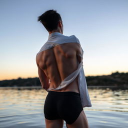 A 33-year-old white male model with short dark hair and light eyes, wearing a complete white shirt and black boxers, standing with his back to the camera and showing his buttocks in a lake in Alentejo at dawn