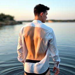 A 33-year-old white male model with short dark hair and light eyes, wearing a complete white shirt and black boxers, standing with his back to the camera and showing his buttocks in a lake in Alentejo at dawn