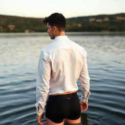 A 33-year-old white male model with short dark hair and light eyes, wearing a complete white shirt and black boxers, standing with his back to the camera and showing his buttocks in a lake in Alentejo at dawn