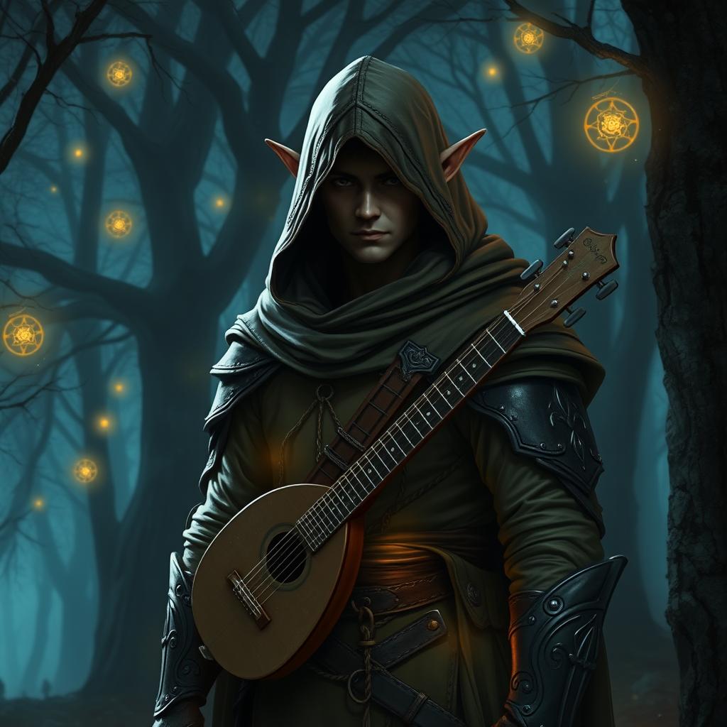 A full-body image of a semi-elf bard wearing a hooded cloak and light armor, standing in a mystical forest