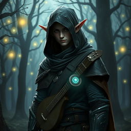 A full-body image of a semi-elf bard wearing a hooded cloak and light armor, standing in a mystical forest