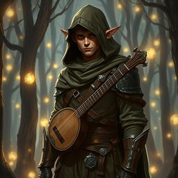 A full-body image of a semi-elf bard wearing a hooded cloak and light armor, standing in a mystical forest