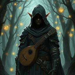 A full-body image of a semi-elf bard wearing a hooded cloak and light armor, standing in a mystical forest