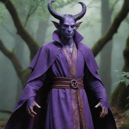 A striking tiefling druid, emanating mystical energies, whose skin is a vivid shade of purple. He stands stoically, garbed in nature-inspired druidic robes.