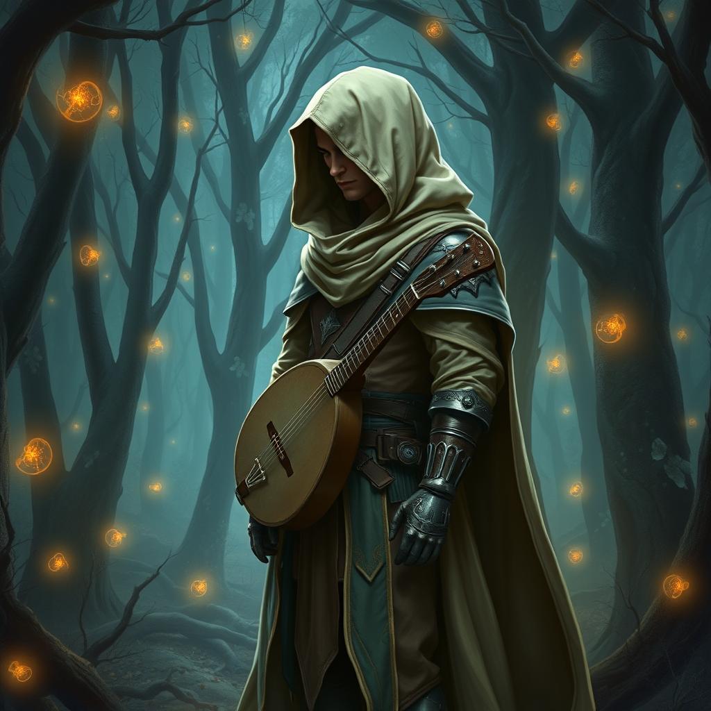 A full-body image of a semi-elf bard wearing a hooded cloak and light armor, standing in a mystical forest