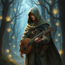 A full-body image of a semi-elf bard wearing a hooded cloak and light armor, standing in a mystical forest