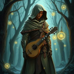 A full-body image of a semi-elf bard wearing a hooded cloak and light armor, standing in a mystical forest