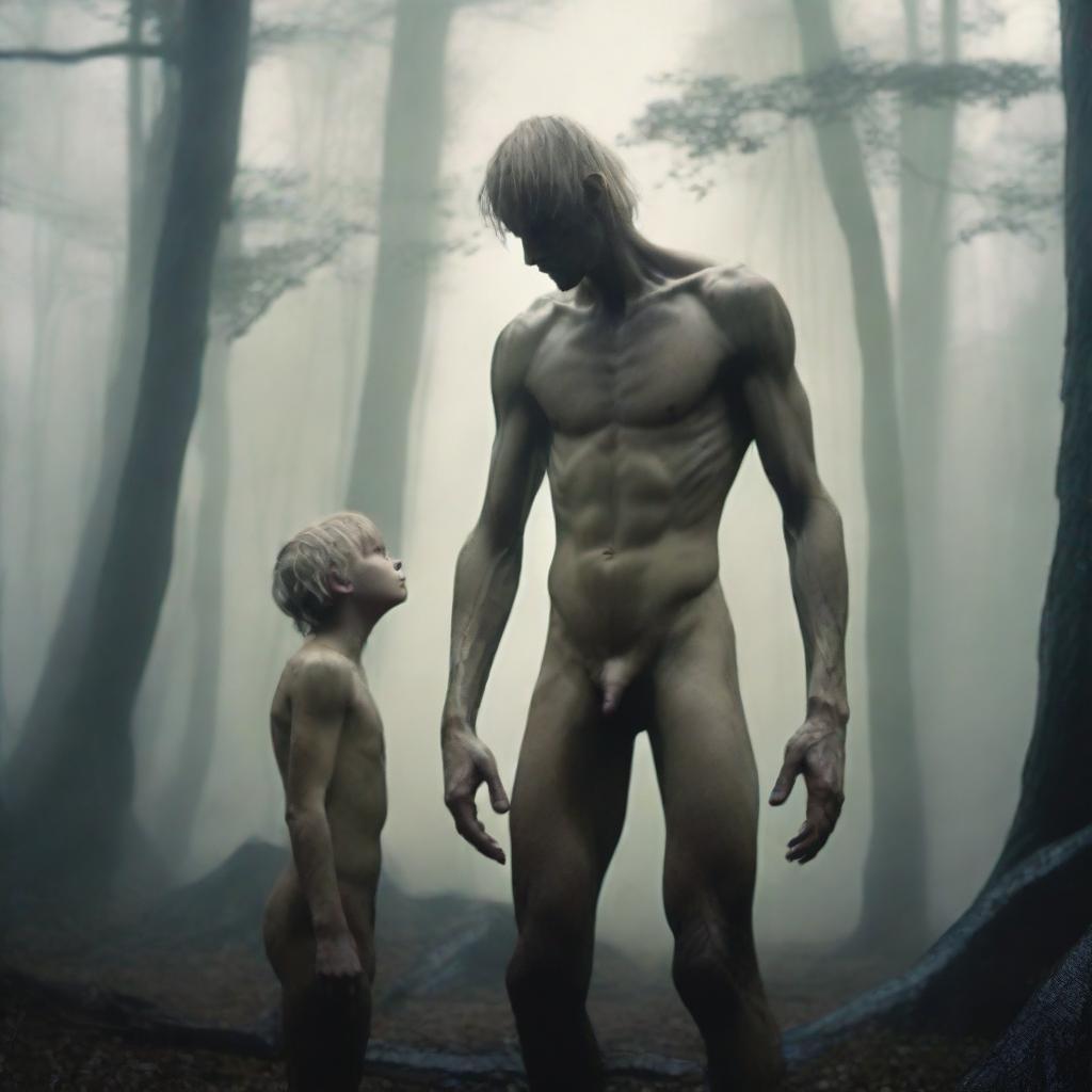 A tall giant with an emaciated, hairy thin body and masculine obliques kneels above a small, smooth, blonde young man in a mythical foggy forest