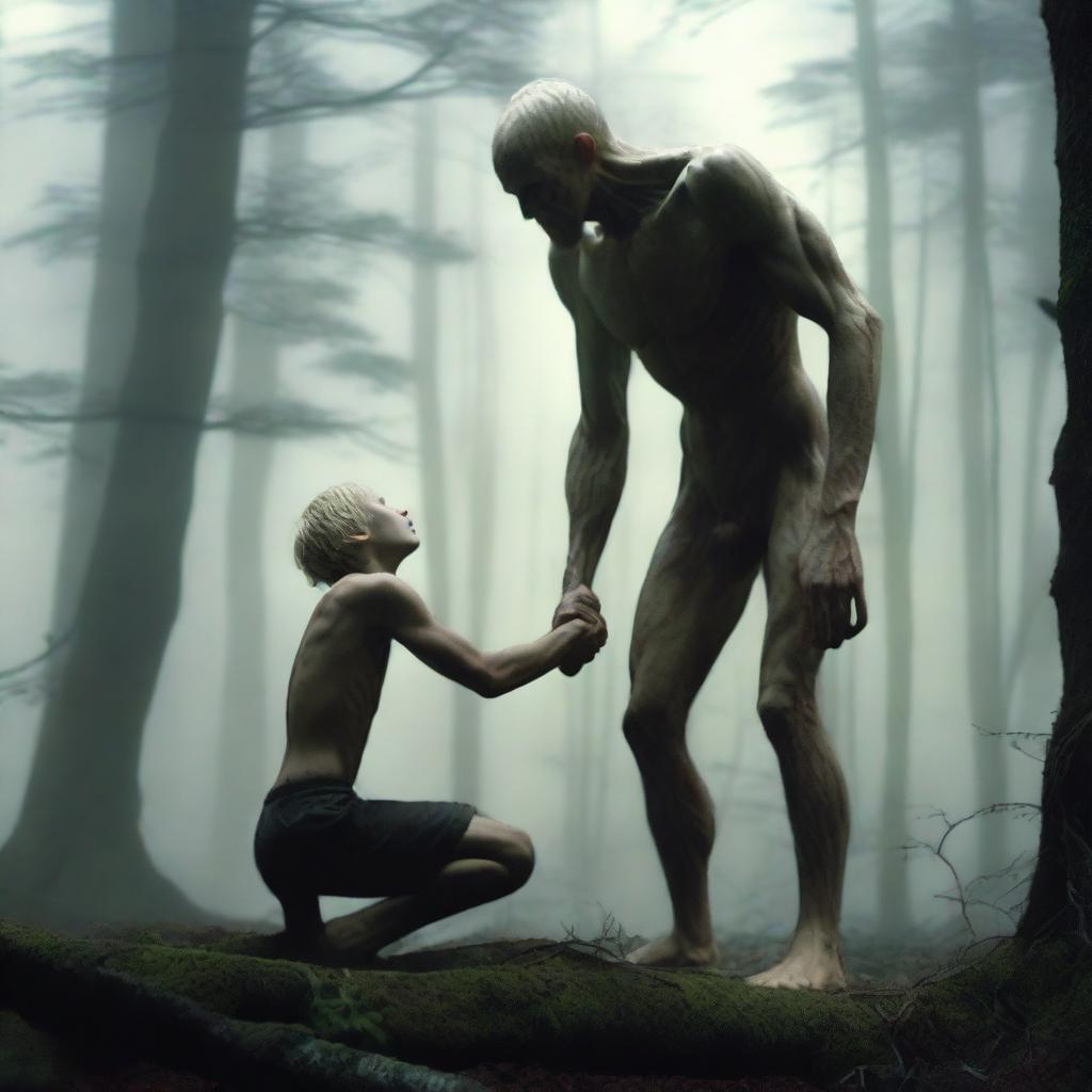 A tall giant with an emaciated, hairy thin body and masculine obliques kneels above a small, smooth, blonde young man in a mythical foggy forest