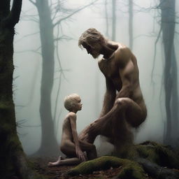 A tall giant with an emaciated, hairy thin body and masculine obliques kneels above a small, smooth, blonde young man in a mythical foggy forest