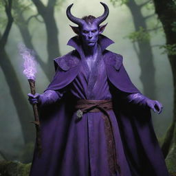 A striking tiefling druid, emanating mystical energies, whose skin is a vivid shade of purple. He stands stoically, garbed in nature-inspired druidic robes.