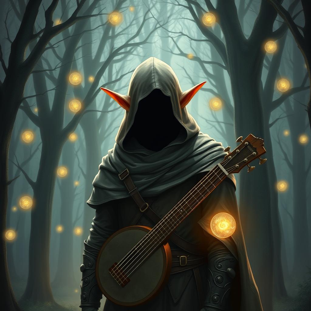 A semi-elf bard wearing a hooded cloak and light armor, standing in a mystical forest