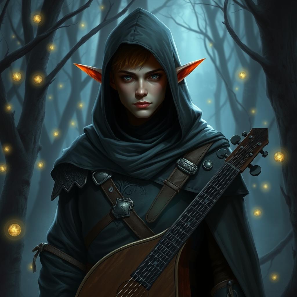 A semi-elf bard wearing a hooded cloak and light armor, standing in a mystical forest