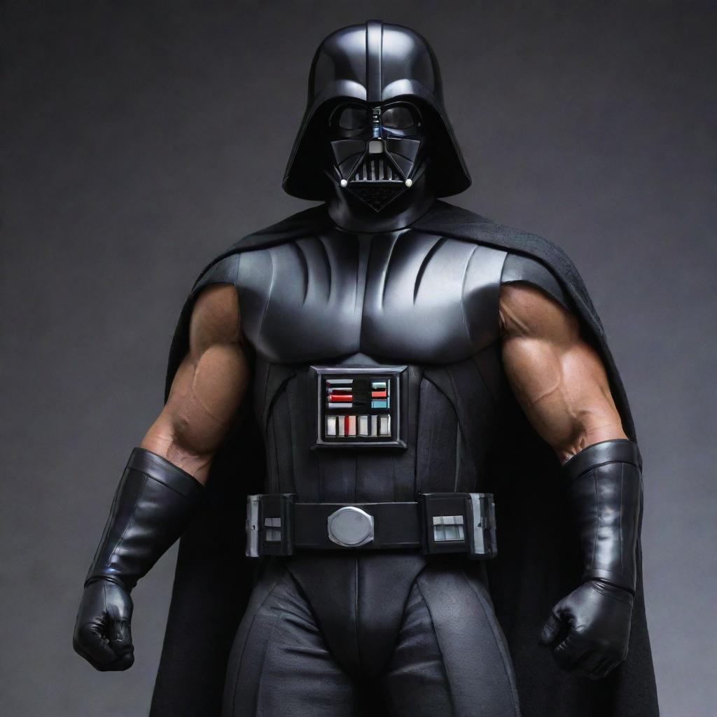 An exceptionally muscular version of Darth Vader, showcasing heightened strength and power, while preserving his iconic costume features.