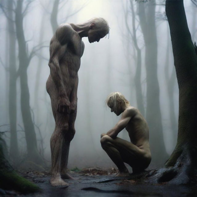 A tall giant with a thin, hairy body and emaciated masculine obliques kneels above a small, smooth, blonde young man who is hairless and petite