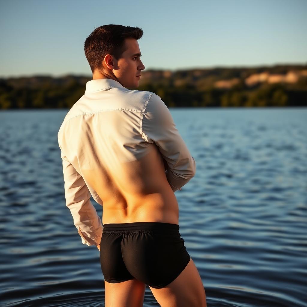 A white man, around 35 years old, with a model-like appearance, short dark hair, light-colored eyes, wearing a complete white shirt and black boxers, standing with his back to the camera and showing his butt in a lake in Alentejo at sunrise