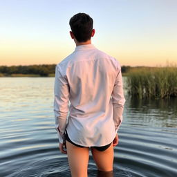 A white man, around 35 years old, with a model-like appearance, short dark hair, light-colored eyes, wearing a complete white shirt and black boxers, standing with his back to the camera and showing his butt in a lake in Alentejo at sunrise