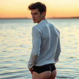 A white man, around 35 years old, with a model-like appearance, short dark hair, light-colored eyes, wearing a complete white shirt and black boxers, standing with his back to the camera and showing his butt in a lake in Alentejo at sunrise