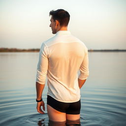 A white man, around 35 years old, with a model-like appearance, short dark hair, light-colored eyes, wearing a complete white shirt and black boxers, standing with his back to the camera and showing his butt in a lake in Alentejo at sunrise