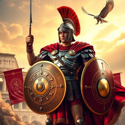 A commanding, heroic Roman soldier stands tall, wearing an ornate helmet with a red plume, gleaming armor, and a cape flowing in the wind