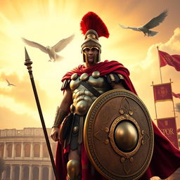 A commanding, heroic Roman soldier stands tall, wearing an ornate helmet with a red plume, gleaming armor, and a cape flowing in the wind